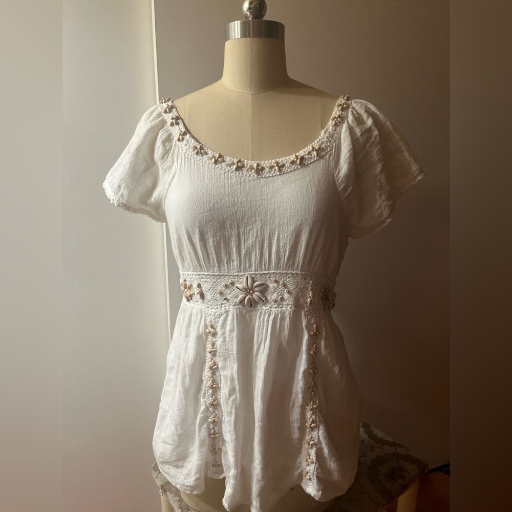 NY Collection Cream Embroidered Peplum Blouse